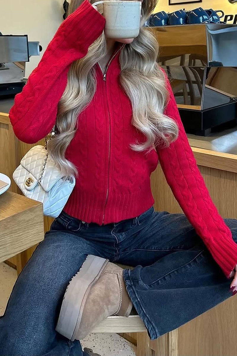 Cable Knit Zip-Up Cardigan
