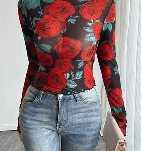 Floral Long Sleeve Bodycon T-Shirt