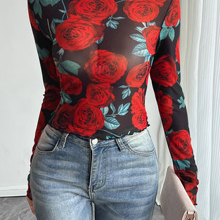 Floral Long Sleeve Bodycon T-Shirt