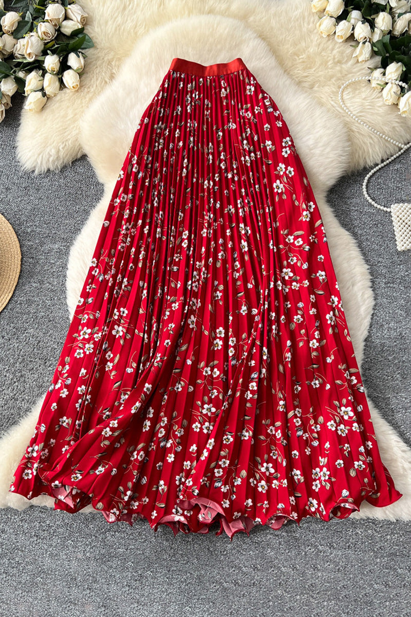 Floral Print Pleated Midi Skirt