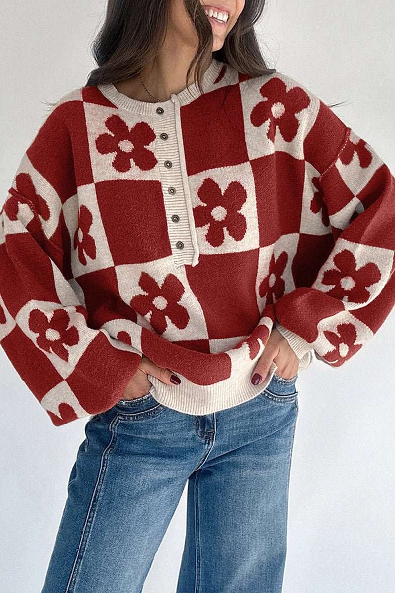 Retro Floral Checker Sweater