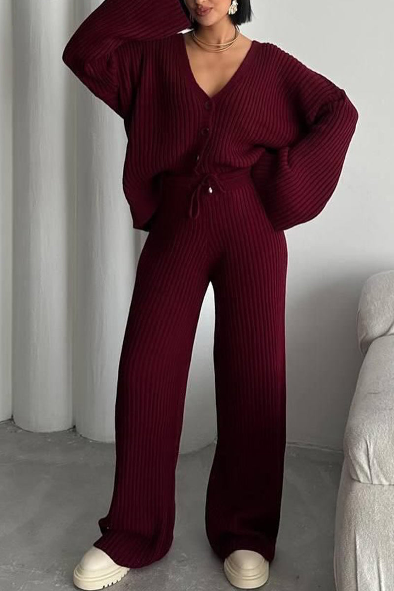 Ribbed Button-Up Pants Set