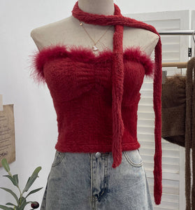 Fuzzy Off-Shoulder Tank Top with Scarf