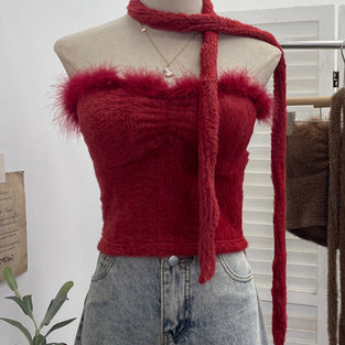 Fuzzy Off-Shoulder Tank Top with Scarf