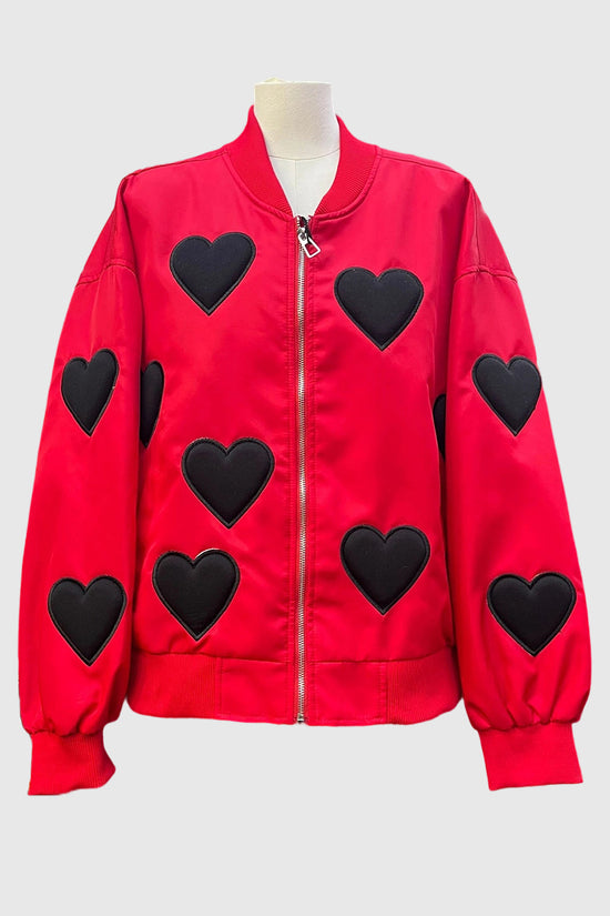 Heart Patterned Zip-Up Bomber Jacket