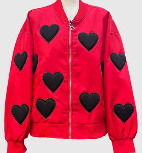 Heart Patterned Zip-Up Bomber Jacket