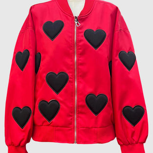 Heart Patterned Zip-Up Bomber Jacket