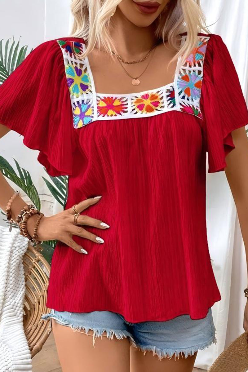 Square Neck Boho Crochet Short Sleeve Top
