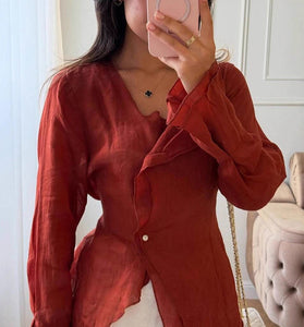 Asymmetric Hem V-Neck Blouse