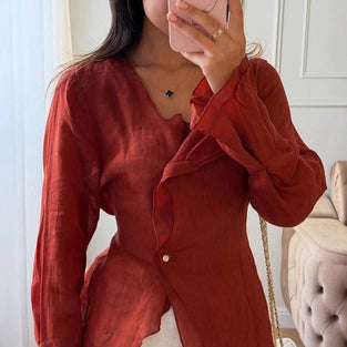 Asymmetric Hem V-Neck Blouse