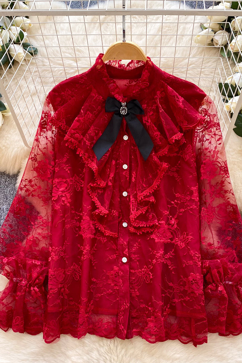 Elegant Lace Blouse with Bow Detail