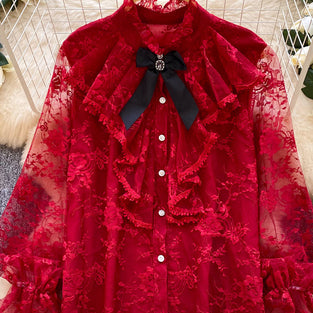 Elegant Lace Blouse with Bow Detail