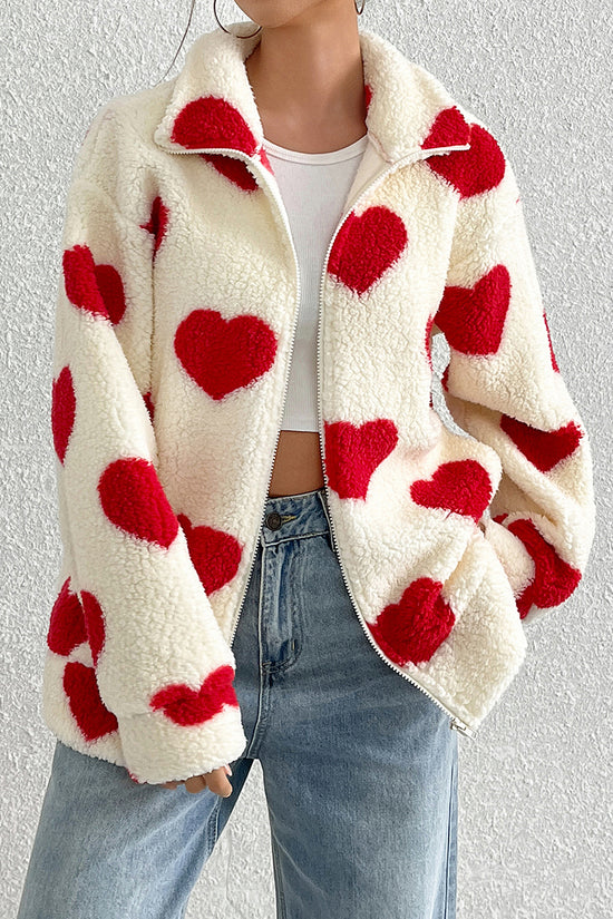 Heart Pattern Zip-Up Fleece Jacket