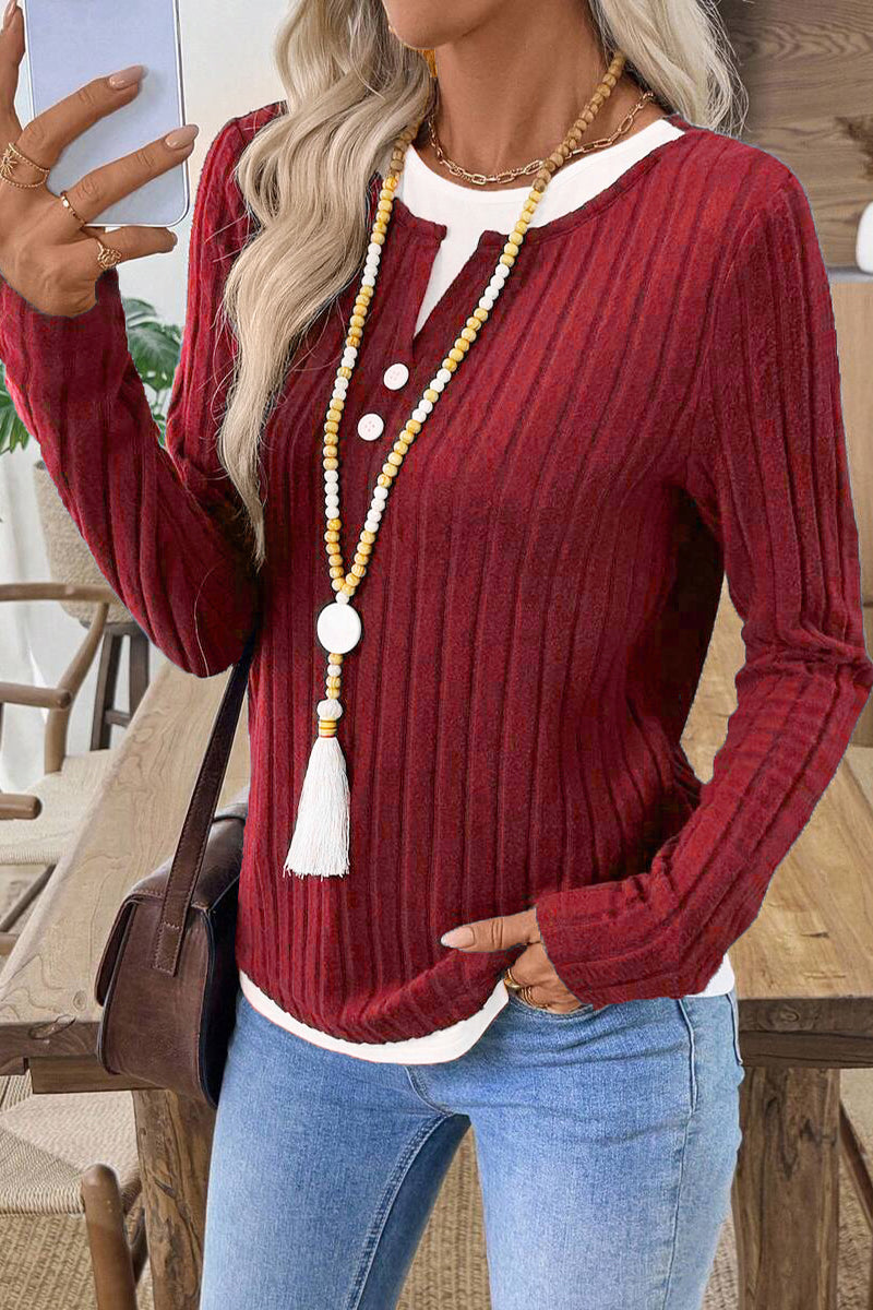 Ribbed Button Detail Long Sleeve Top
