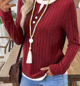 Ribbed Button Detail Long Sleeve Top