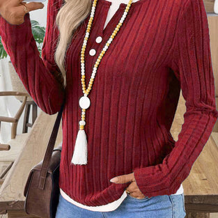 Ribbed Button Detail Long Sleeve Top