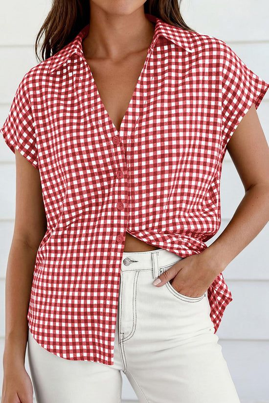 Checkered Tie-Front Short Sleeve Blouse