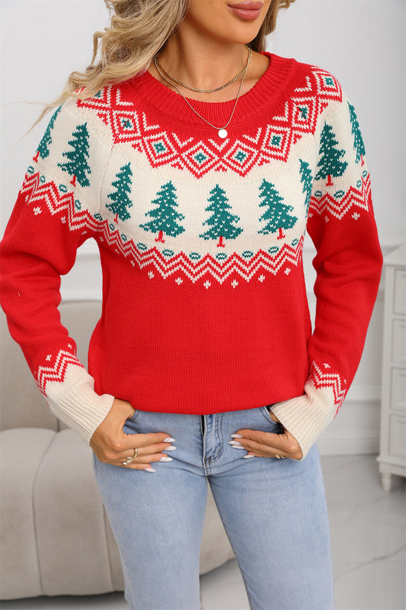Festive Tree Pattern Knit Sweater