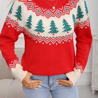 Festive Tree Pattern Knit Sweater
