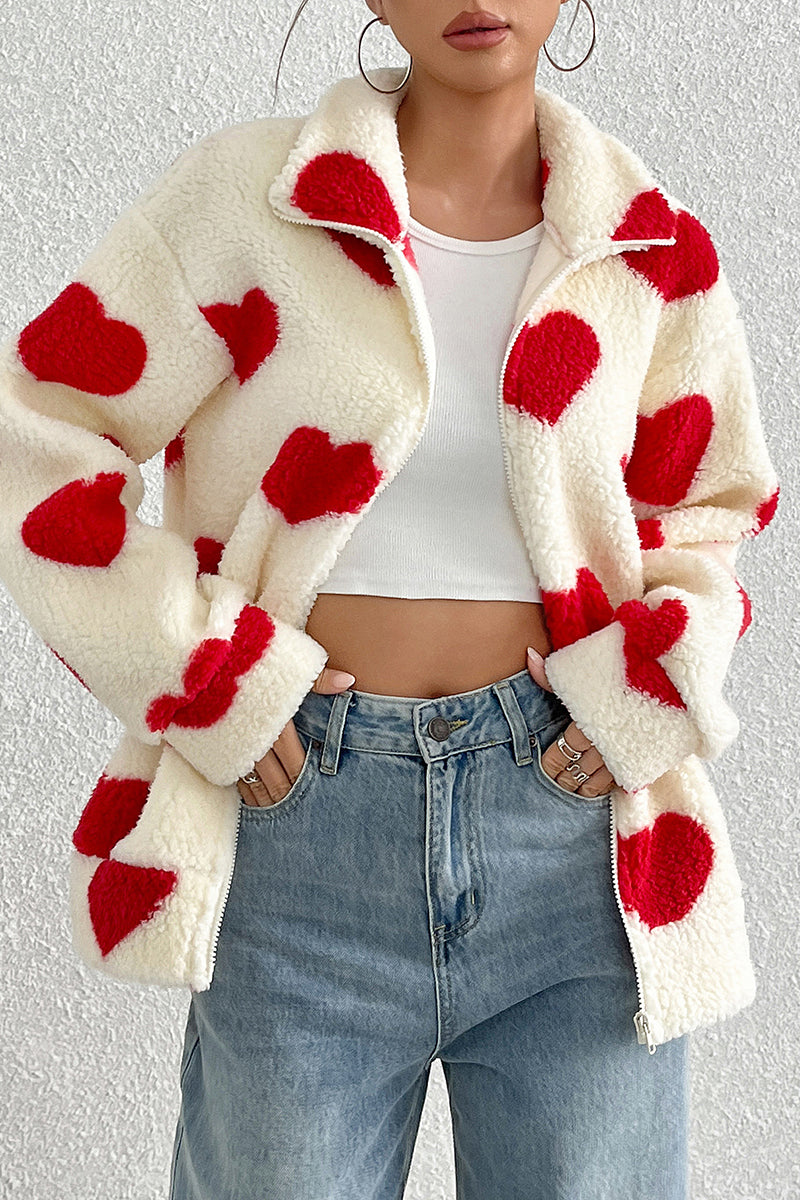 Heart Patterned Cozy Zip-Up Coat