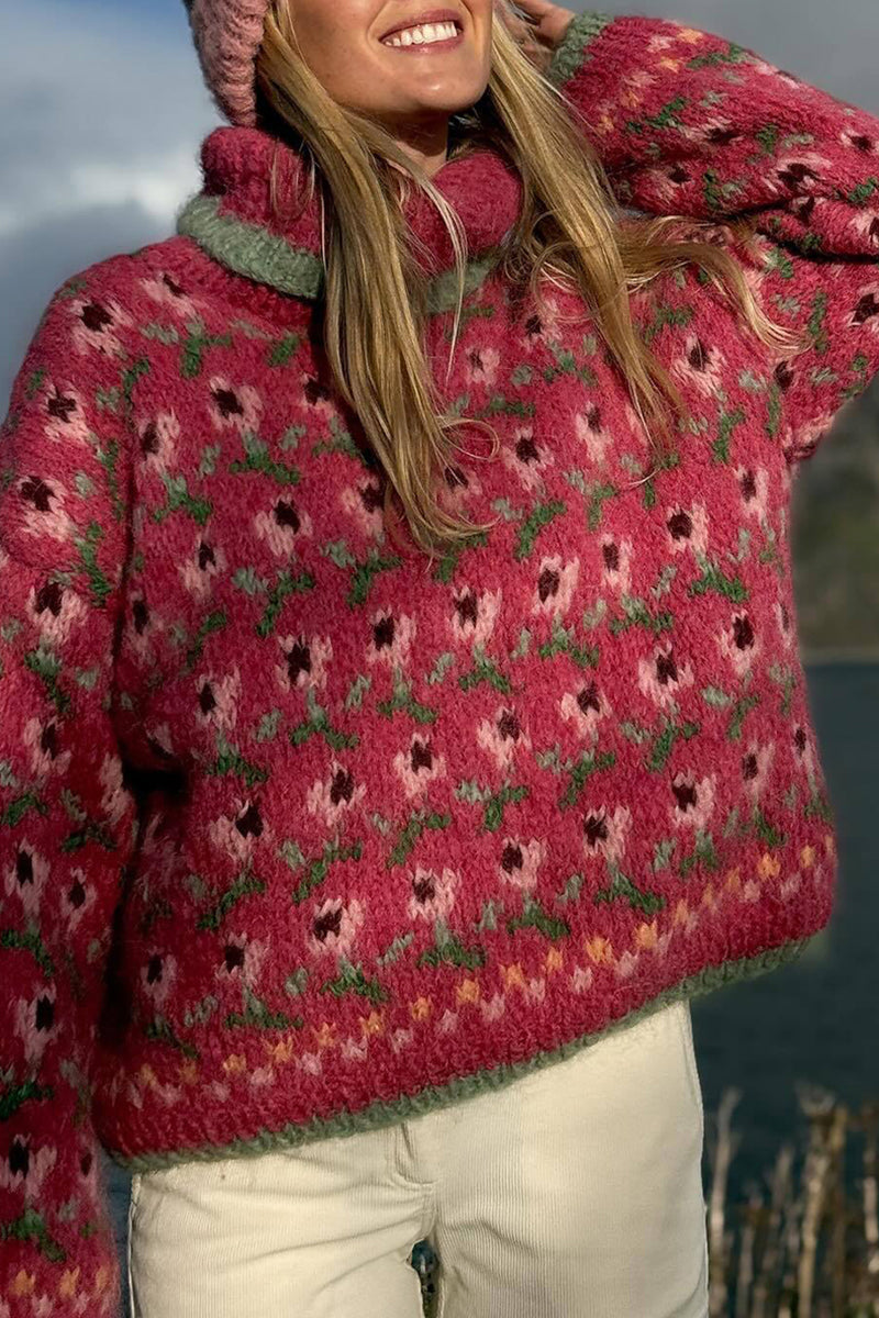 Cozy Floral Knit Turtleneck Sweater