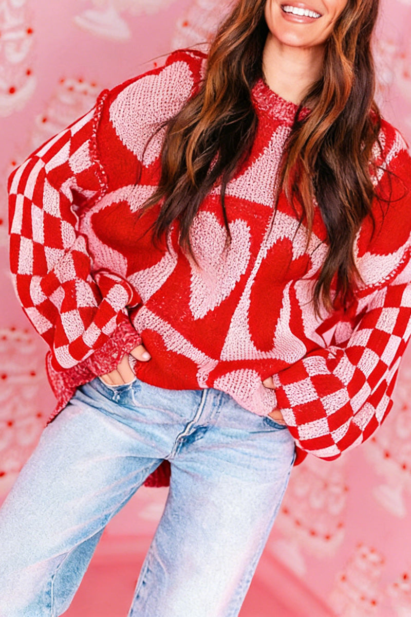 Heart Pattern Checkered Sleeve Sweater