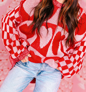 Heart Pattern Checkered Sleeve Sweater