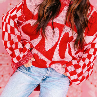 Heart Pattern Checkered Sleeve Sweater