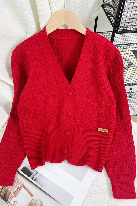 Ribbed Button-Up V-Neck Cardigan