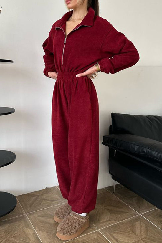 Cozy Zip-Up Jumpsuit with Elastic Waist