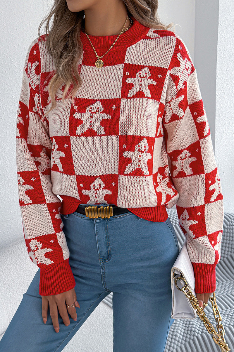 Festive Checkered Sweater with Gingerbread Design