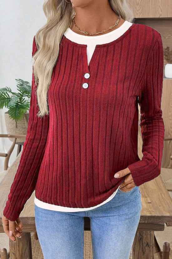 Button Accent Ribbed Long Sleeve Top