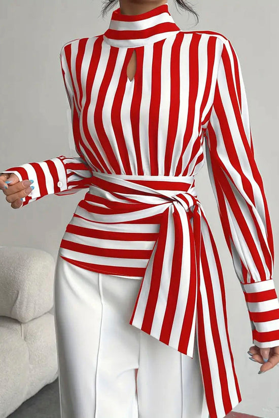 Striped Wrap Long Sleeve Blouse