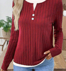 Button Accent Ribbed Long Sleeve Top