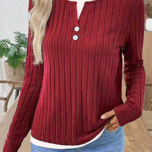 Button Accent Ribbed Long Sleeve Top