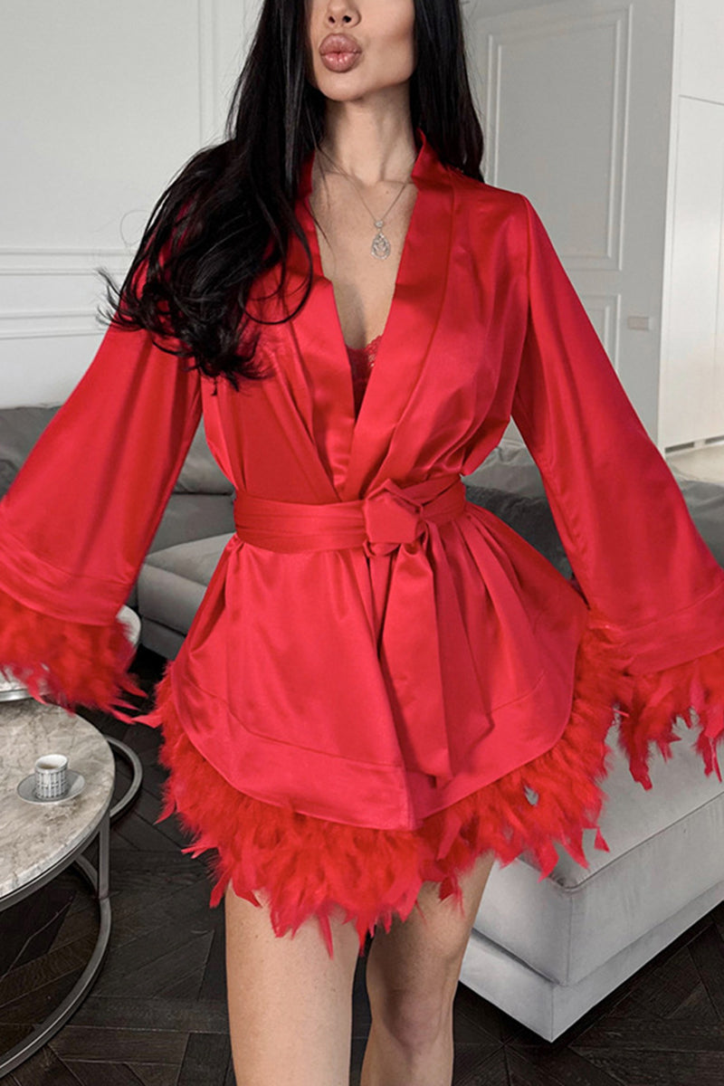 Feather Trim Belted Loungewear Robe