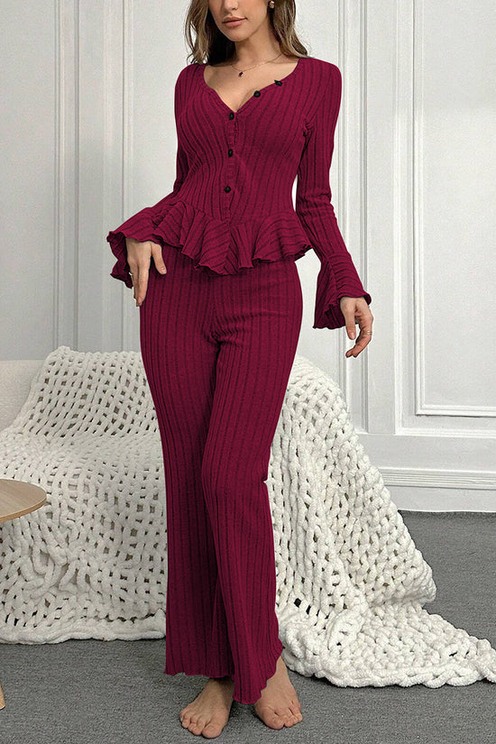 Ribbed Knit Long Sleeve Loungewear Set