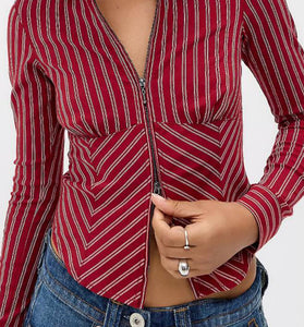 Striped Zip-Up Long Sleeve Blazer