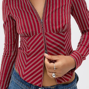 Striped Zip-Up Long Sleeve Blazer
