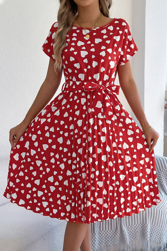 Heart Print Belted Casual Dress