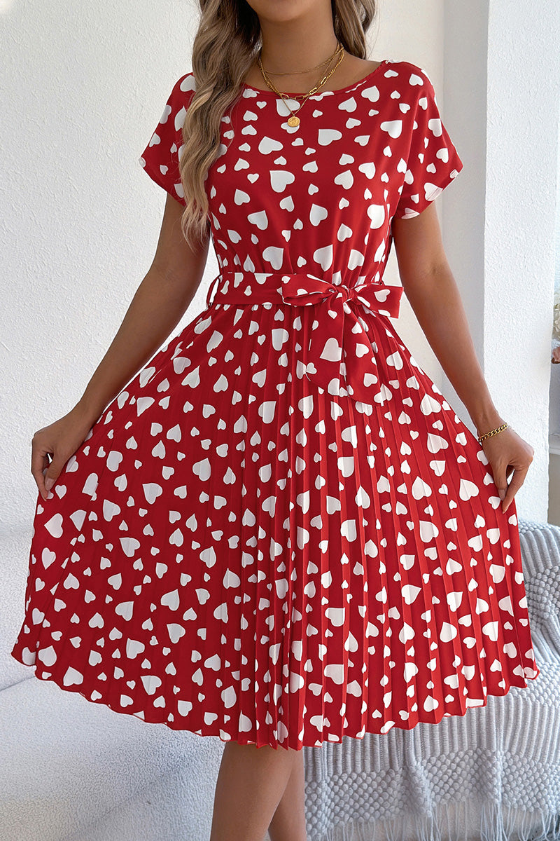 Heart Print Belted Casual Dress