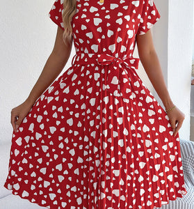 Heart Print Belted Casual Dress