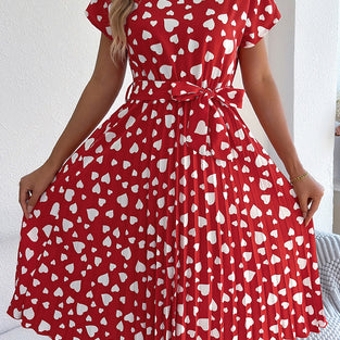 Heart Print Belted Casual Dress
