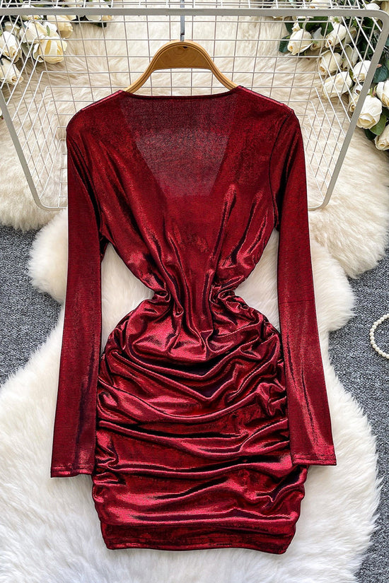Ruched Deep V-Neck Casual Dress