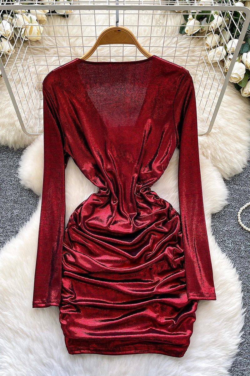 Ruched Deep V-Neck Casual Dress