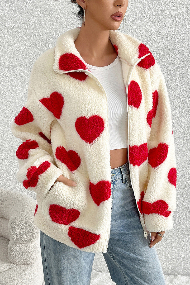 Heart Pattern Zip-Up Fleece Jacket