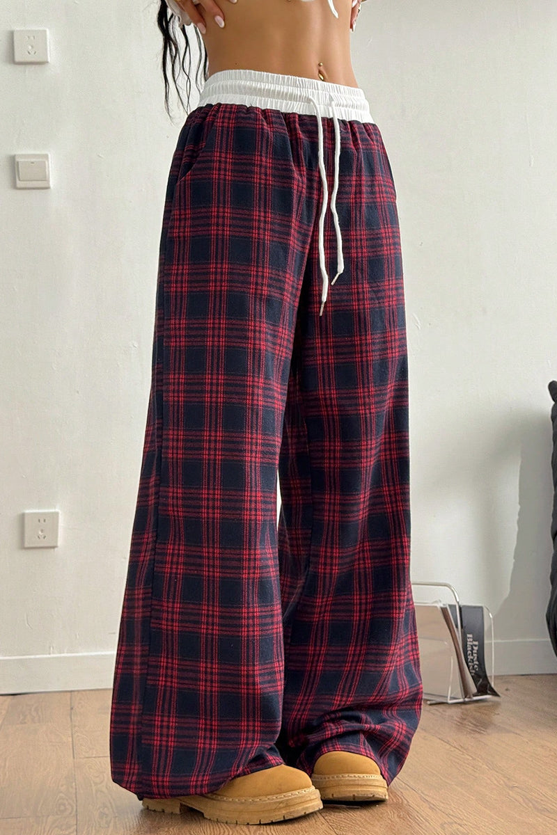 Classic Plaid Wide-Leg Casual Pants