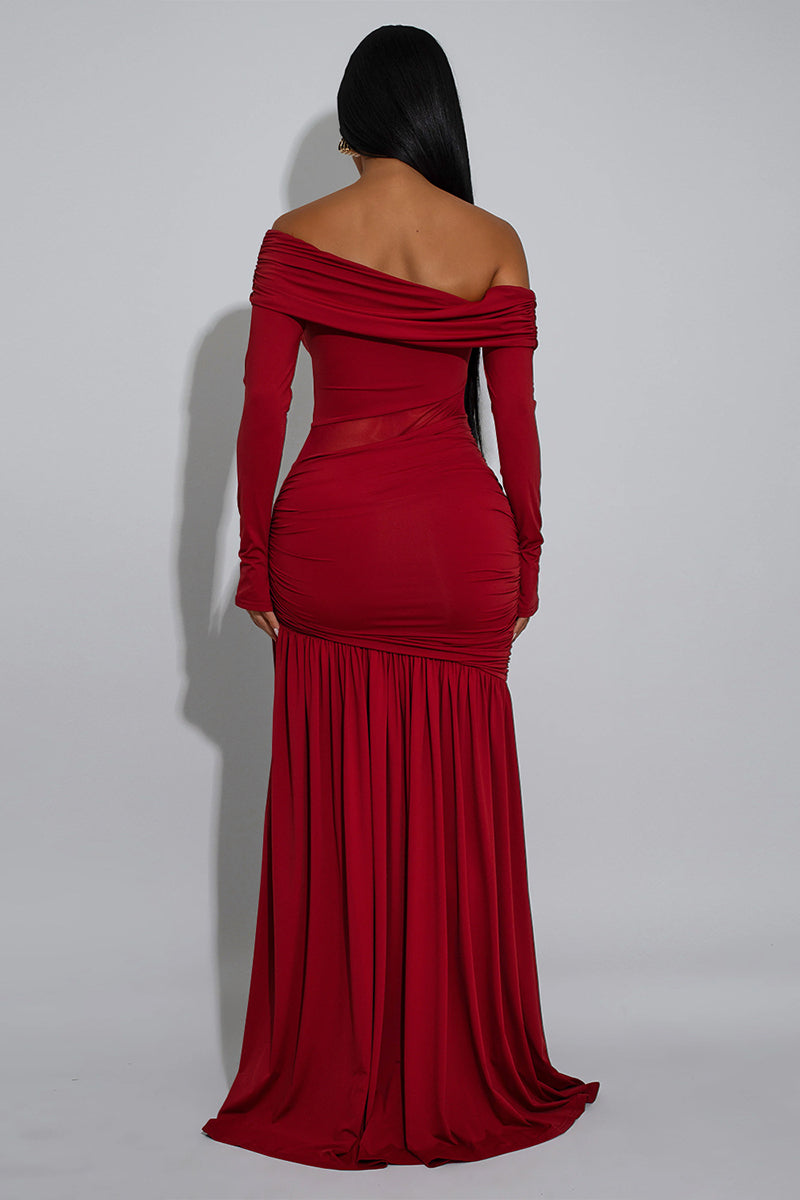 Off-Shoulder Mesh Cutout Maxi Dress