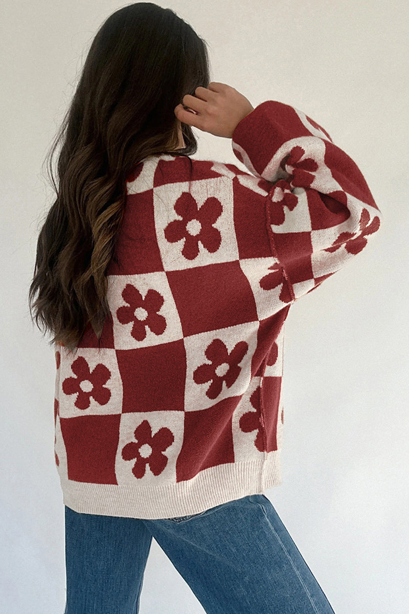 Retro Floral Checker Sweater