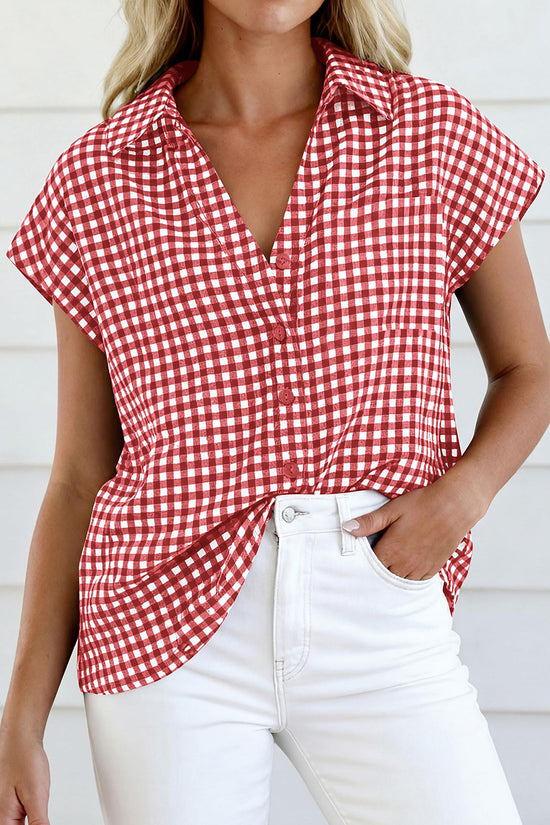 Checkered Tie-Front Short Sleeve Blouse